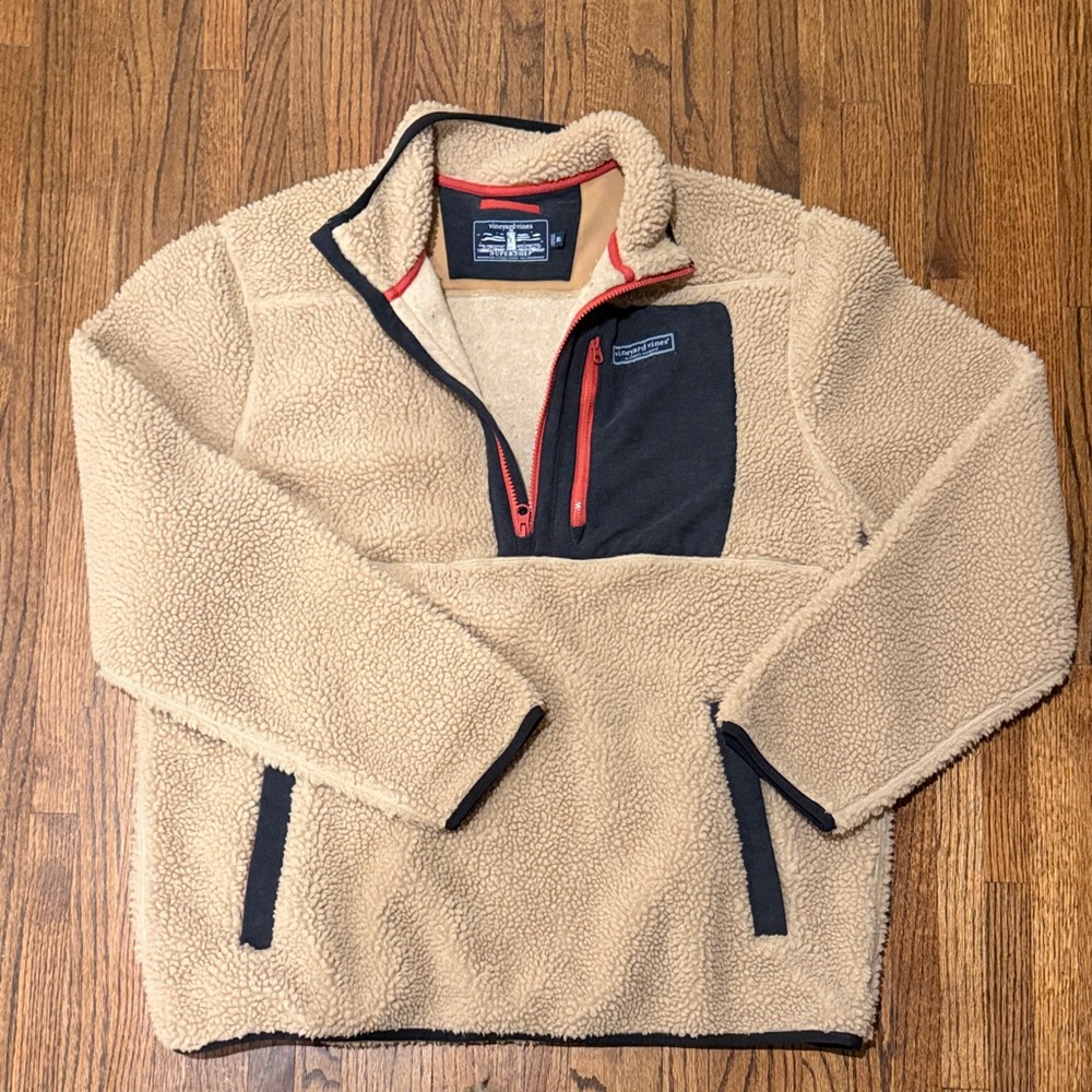 Vineyard Vines Bonfire Fleece Beige and Navy Quarter Zip